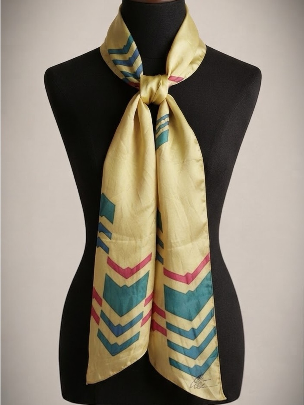 Vintage Signed Cleo Silk Scarf Long Chevron Gold Teal Pink